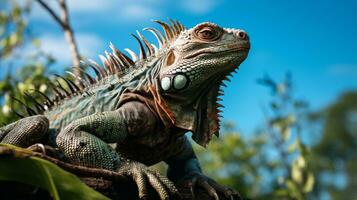 foto de iguana en El r bosque con azul cielo. generativo ai
