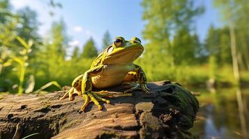 Photo of Frog in ther forest with blue sky. Generative AI