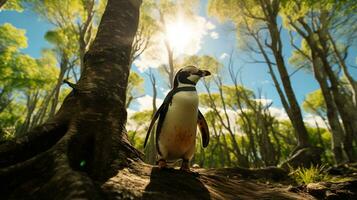 Photo of Penguin in ther forest with blue sky. Generative AI
