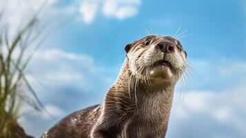 Photo of Otter in ther forest with blue sky. Generative AI