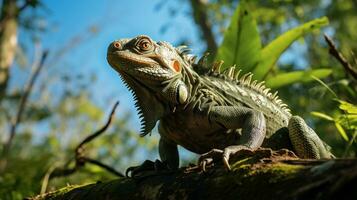 Photo of Iguana in ther forest with blue sky. Generative AI