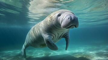 Photo of Manatee in ther forest with blue sky. Generative AI