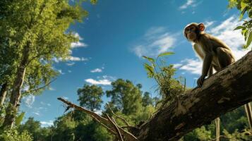 Photo of Monkey in ther forest with blue sky. Generative AI