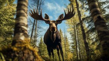 Photo of Moose in ther forest with blue sky. Generative AI