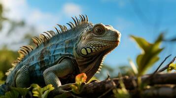 Photo of Iguana in ther forest with blue sky. Generative AI
