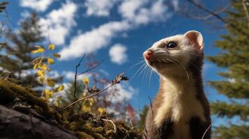 Photo of Ferret in ther forest with blue sky. Generative AI