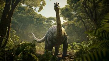 Photo of Brontosaurus Rex in the Jungle. Generative AI