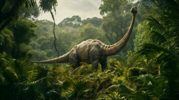 Photo of Brontosaurus Rex in the Jungle. Generative AI