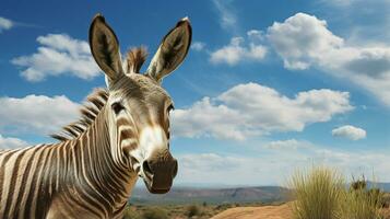 Photo of a Zonkey under Blue Sky. Generative AI