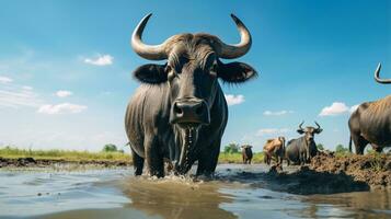 Photo of a Water Buffalo in the Farmland. Generative AI