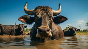 Photo of a Water Buffalo in the Farmland. Generative AI