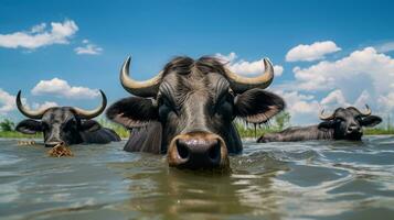 Photo of a Water Buffalo in the Farmland. Generative AI