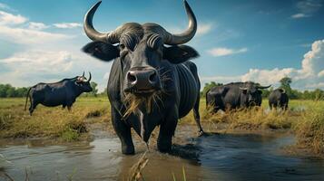 Photo of a Water Buffalo in the Farmland. Generative AI