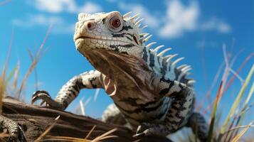 foto de un tegu lagartija debajo azul cielo. generativo ai