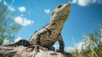 Photo of a Tegu Lizard under Blue Sky. Generative AI