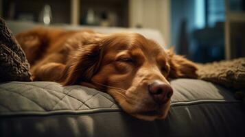 Photo of a sleepy dog cozily snuggles on a comfy couch in a cozy living room. Generative AI