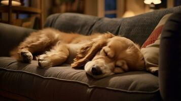 Photo of a sleepy dog cozily snuggles on a comfy couch in a cozy living room. Generative AI