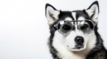 Photo of a Siberian Husky dog using eyeglasses isolated on white background. Generative AI