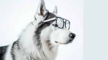Photo of a Siberian Husky dog using eyeglasses isolated on white background. Generative AI