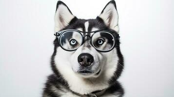 Photo of a Siberian Husky dog using eyeglasses isolated on white background. Generative AI