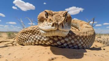 foto de un sidewinder serpiente de cascabel en un Desierto con azul cielo. generativo ai