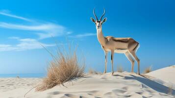 Photo of a Sand Gazelle in a Desert with blue sky. Generative AI