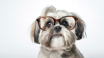 Photo of a Shih Tzu dog using eyeglasses isolated on white background. Generative AI