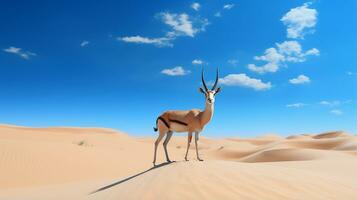 Photo of a Sand Gazelle in a Desert with blue sky. Generative AI