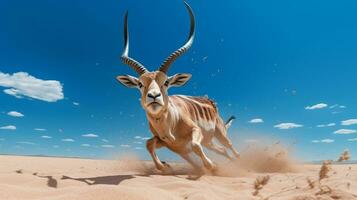 Photo of a Sand Gazelle in a Desert with blue sky. Generative AI