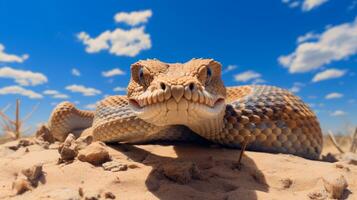 Photo of a Sidewinder Rattlesnake in a Desert with blue sky. Generative AI