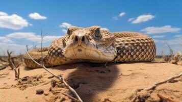 foto de un sidewinder serpiente de cascabel en un Desierto con azul cielo. generativo ai