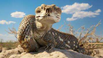 Photo of a Rattle snake under Blue Sky. Generative AI