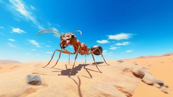 Photo of a Sahara Desert Ant in a Desert with blue sky. Generative AI