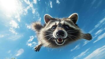 foto de un mapache debajo azul cielo. generativo ai