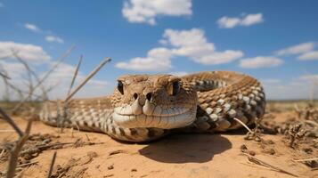 foto de un traqueteo serpiente debajo azul cielo. generativo ai