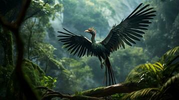 Photo of Archaeopteryx Rex in the Jungle. Generative AI
