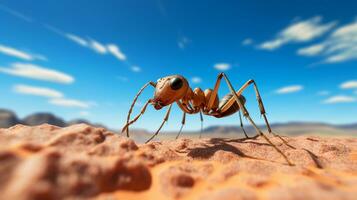 Photo of a Sahara Desert Ant in a Desert with blue sky. Generative AI