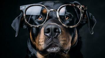 Photo of a Rottweiler dog using eyeglasses isolated on white background. Generative AI