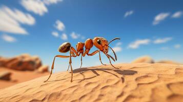 Photo of a Sahara Desert Ant in a Desert with blue sky. Generative AI