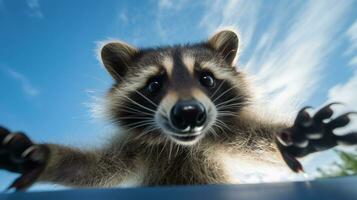 foto de un mapache debajo azul cielo. generativo ai