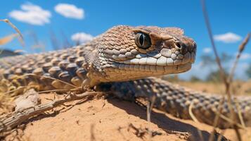 Photo of a Rattle snake under Blue Sky. Generative AI