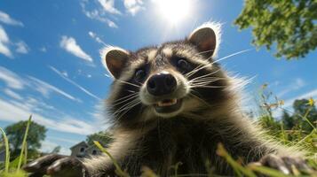 foto de un mapache debajo azul cielo. generativo ai