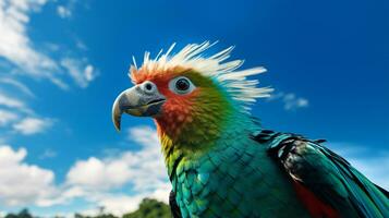 foto de un quetzal debajo azul cielo. generativo ai