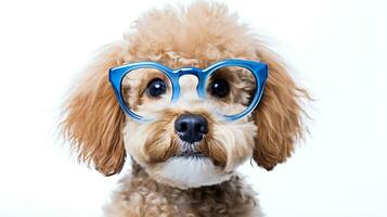 Photo of a Poodle dog using eyeglasses isolated on white background. Generative AI