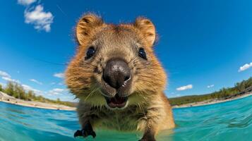 Photo of a Quokka under Blue Sky. Generative AI