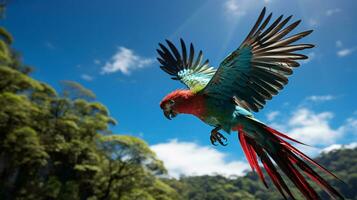 foto de un quetzal debajo azul cielo. generativo ai