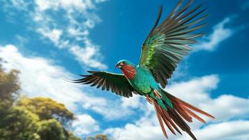 foto de un quetzal debajo azul cielo. generativo ai