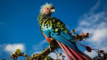 Photo of a Quetzal under Blue Sky. Generative AI