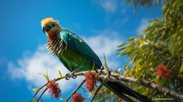 foto de un quetzal debajo azul cielo. generativo ai