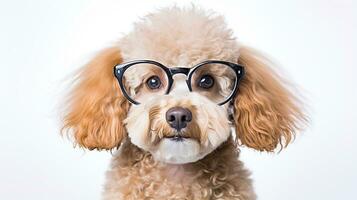 Photo of a Poodle dog using eyeglasses isolated on white background. Generative AI